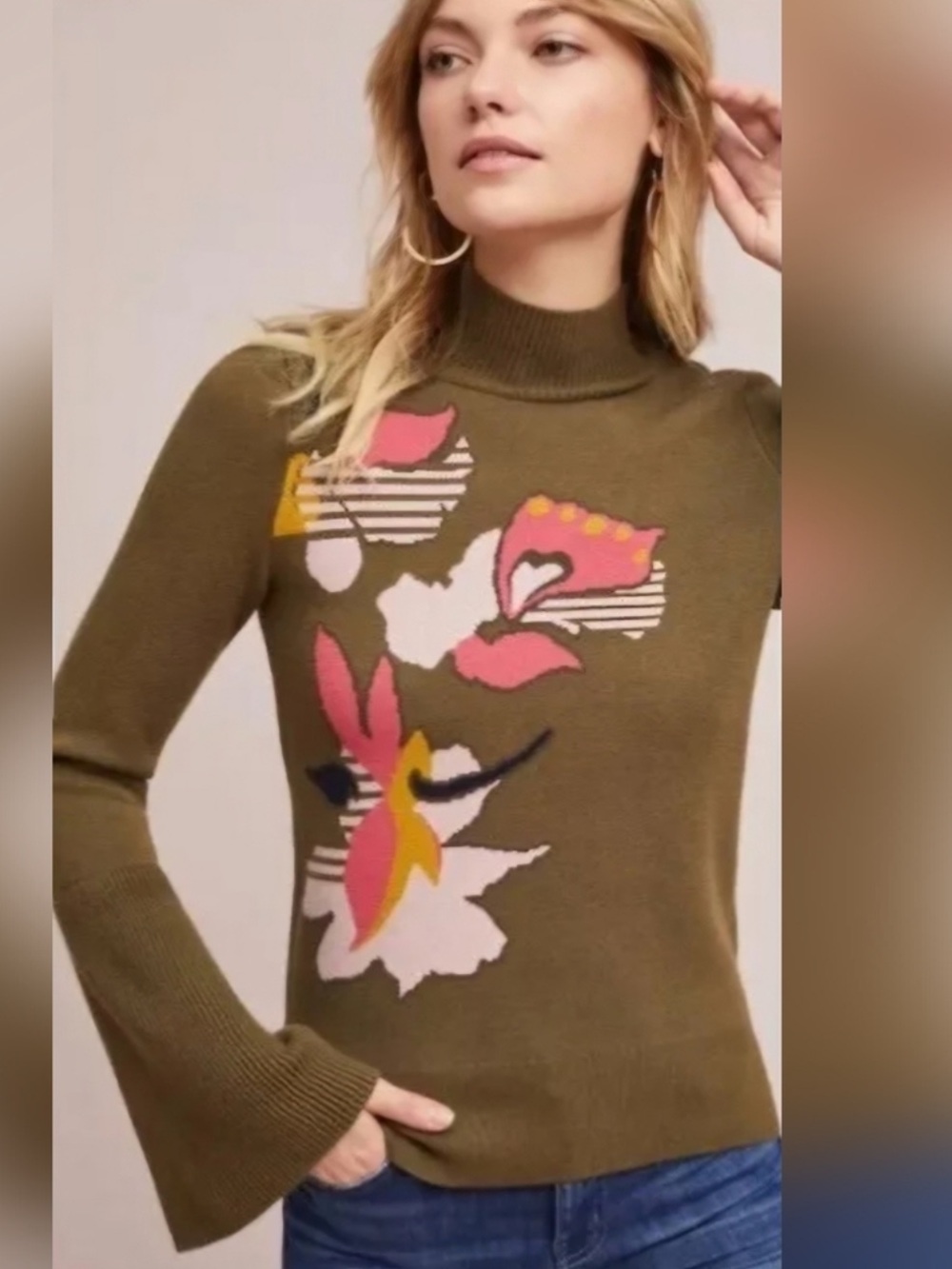 Anthropologie Knitted & Knotted Lileas Intarsia Turtleneck Sweater | Size S - Picture 6 of 9